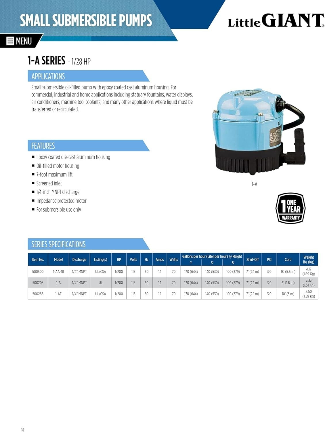 1-A 115V 170 GPH Submersible Pump - Epoxy Coated for Fountains & Hydroponics