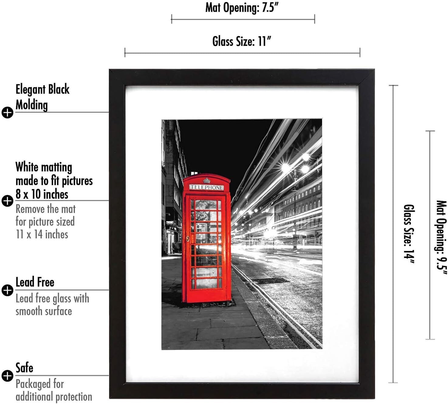 Elegant 11x14 Picture Frame Set of 4 with Shatter-Resistant Glass in Black