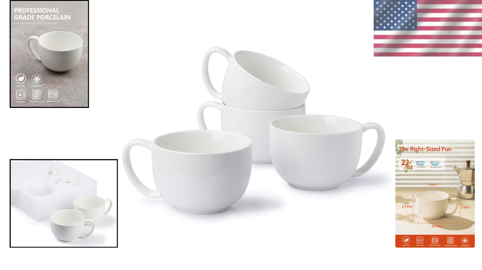 Comfort Grip 22oz Porcelain Mugs Set of 4 - Ideal for Soup, Hot Chocolate & More