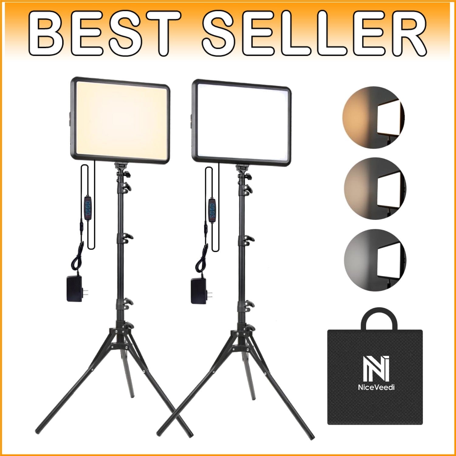 2-Pack Adjustable LED Photography Lighting Kit with Tripod Stands - 2900-7000K