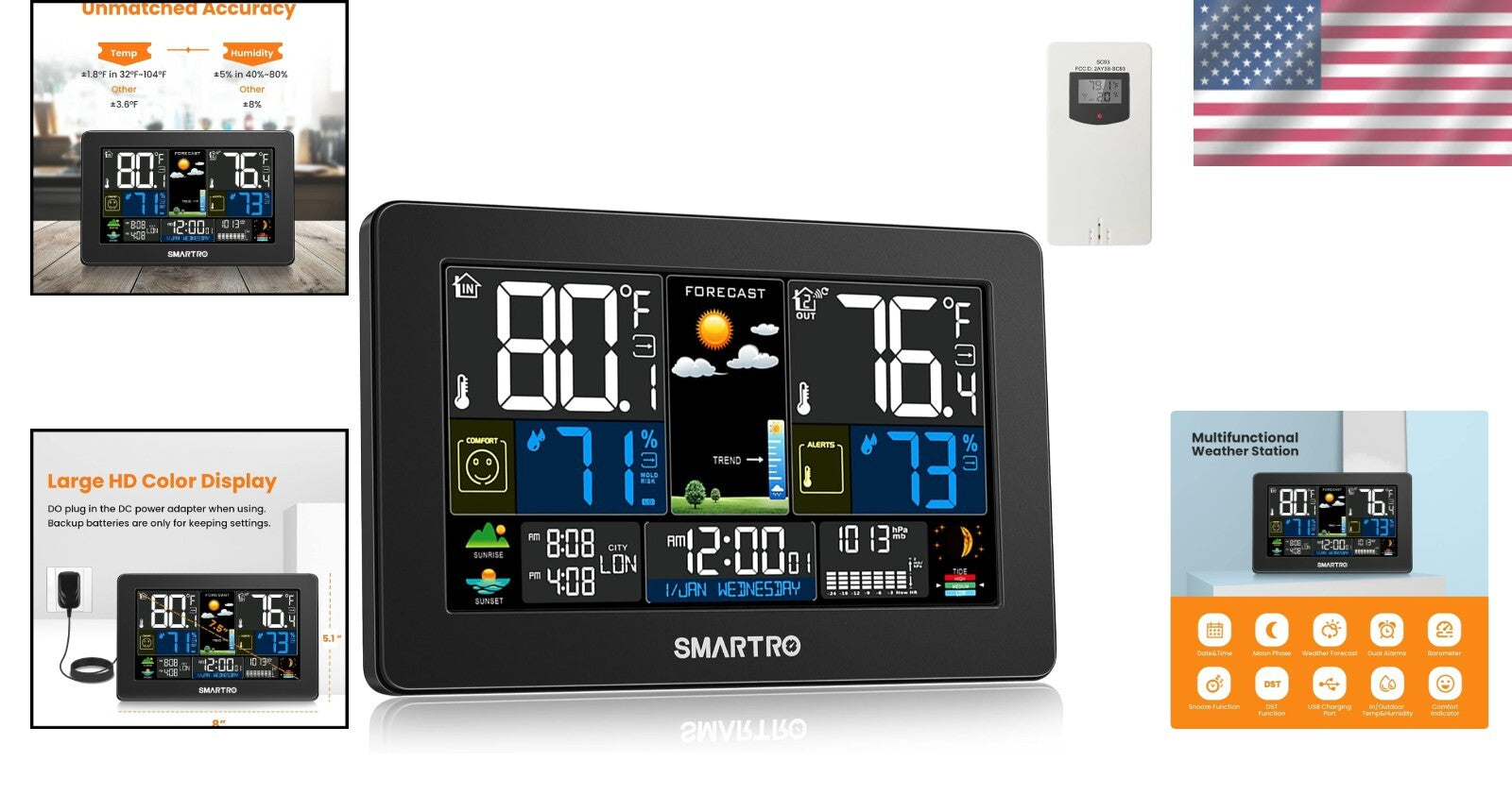 High Precision Indoor Outdoor Weather Station with Multiple Sensors for Home Use