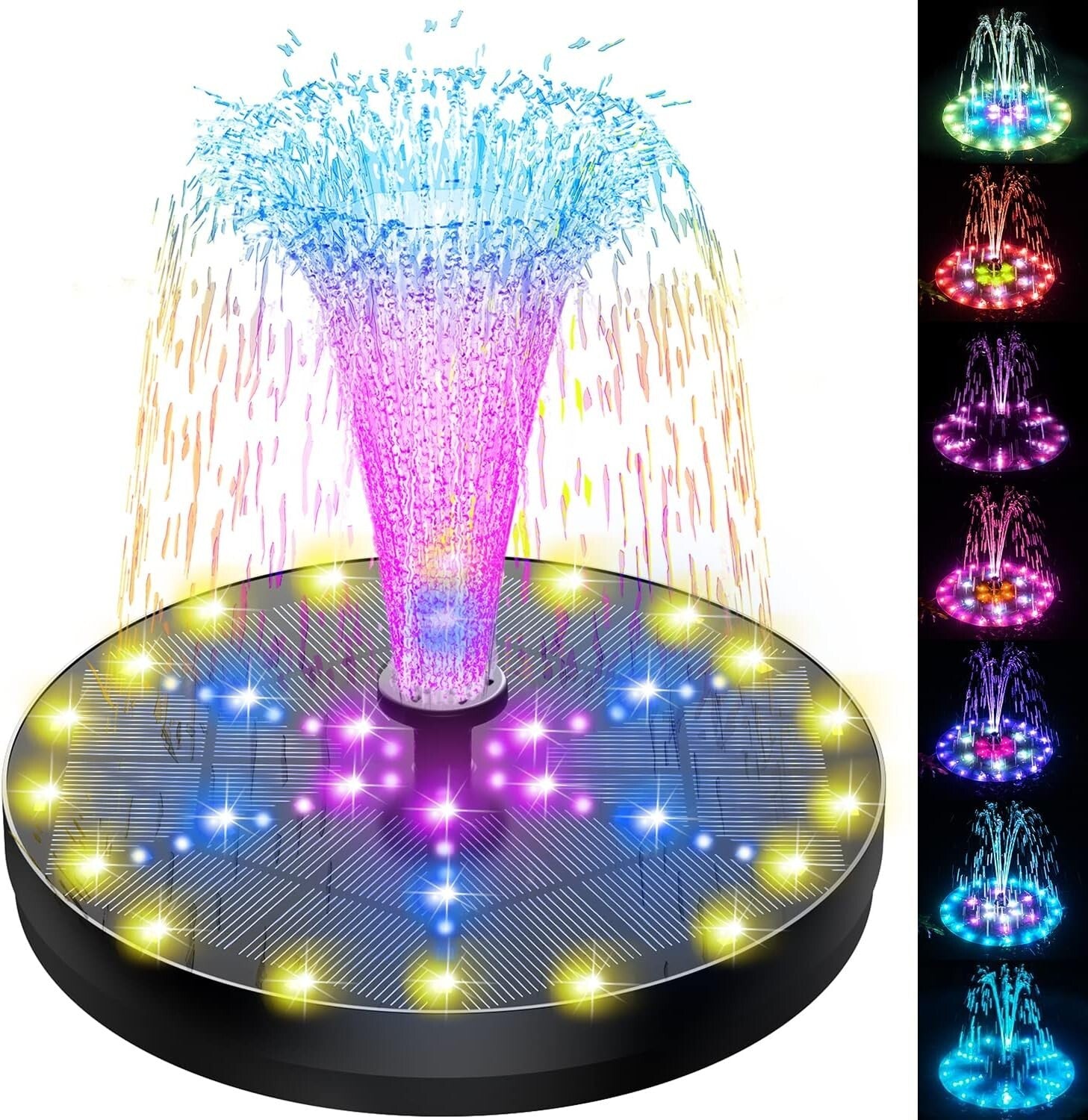 Solar-Powered Fountain with 60 Colorful LEDs, 7 Water Styles & Anti-Drift Fixers