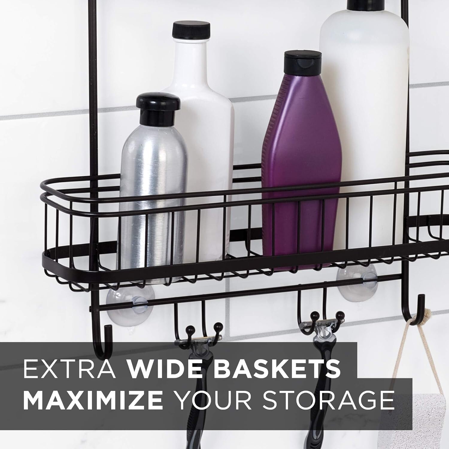 Elegant Rust-Resistant Shower Caddy with Extra Wide Shelves & Hooks - Bronze