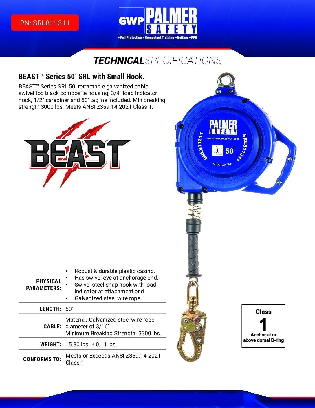 50 FT Self-Retracting Lifeline with Swivel Hook - ANSI Z359.14-2021 Compliant