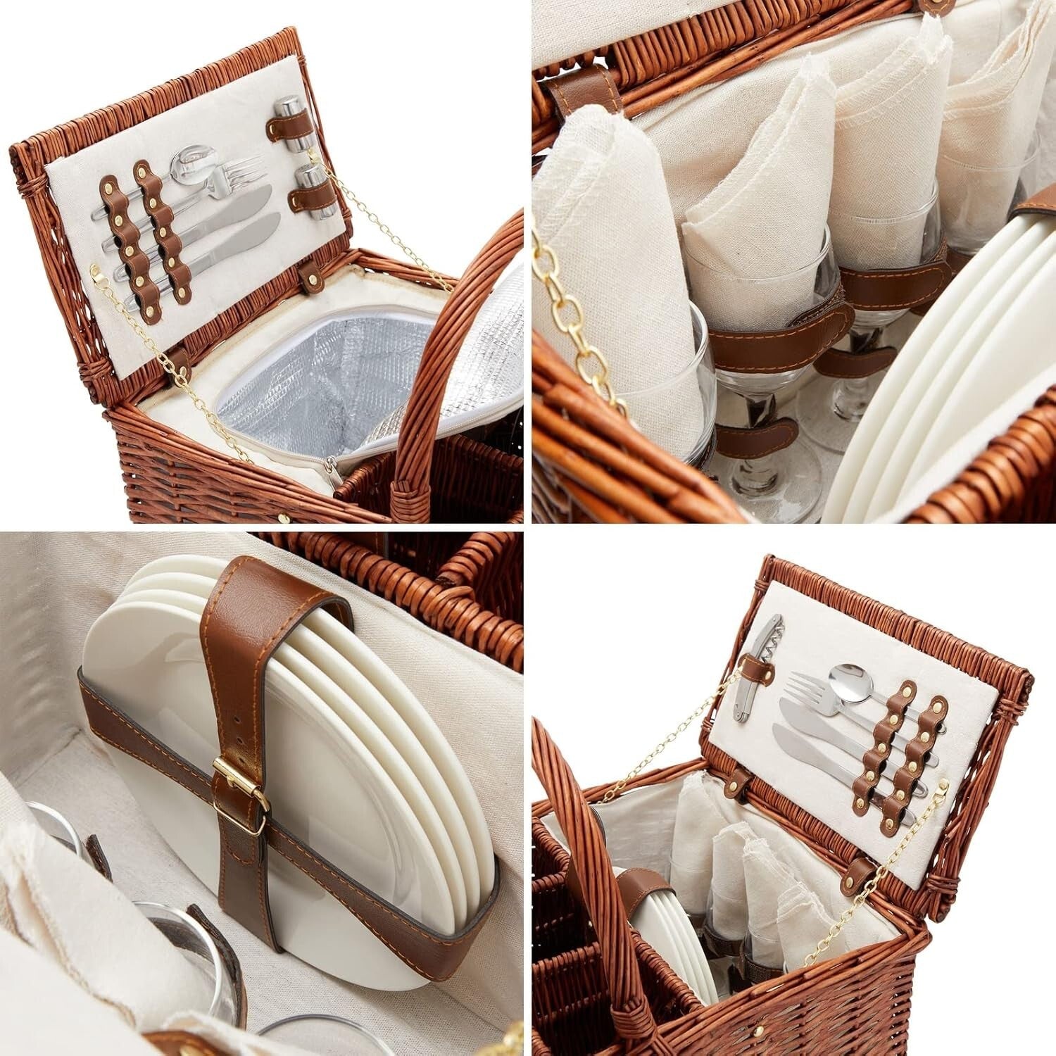 Essential Rustic Wicker Picnic Set for 4 with Insulated Cooler & Glasses