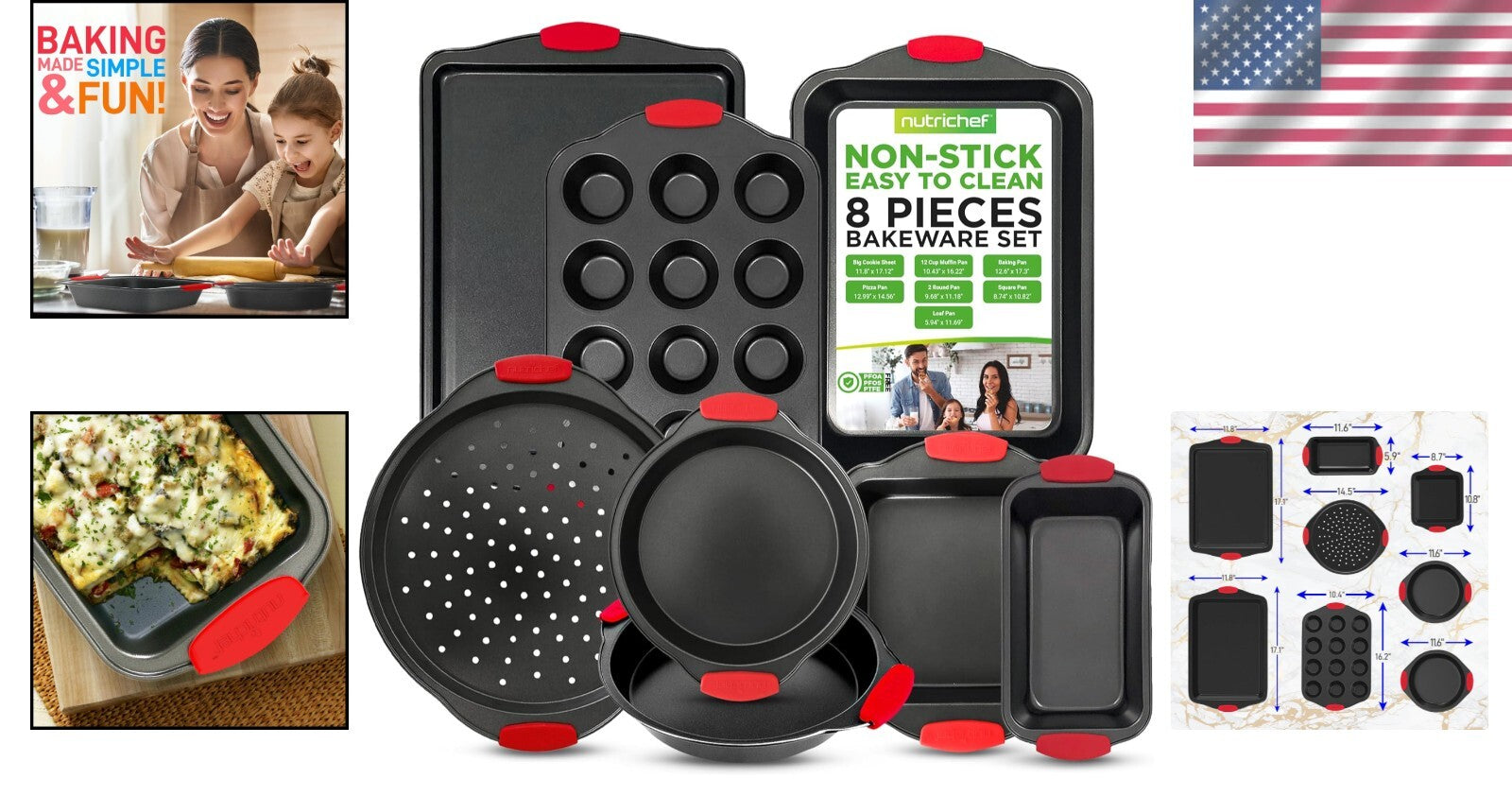 Deluxe 8-Piece Non-Stick Kitchen Bakeware Set with Heatproof Silicone Handles