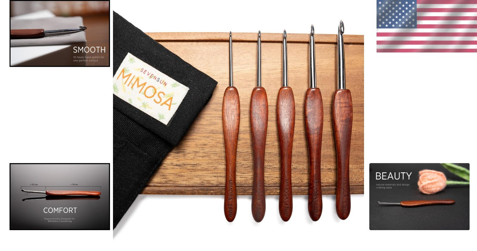 Ergonomic 5-Pack Crochet Hooks with Premium Stainless Steel & Bloodwood Handles