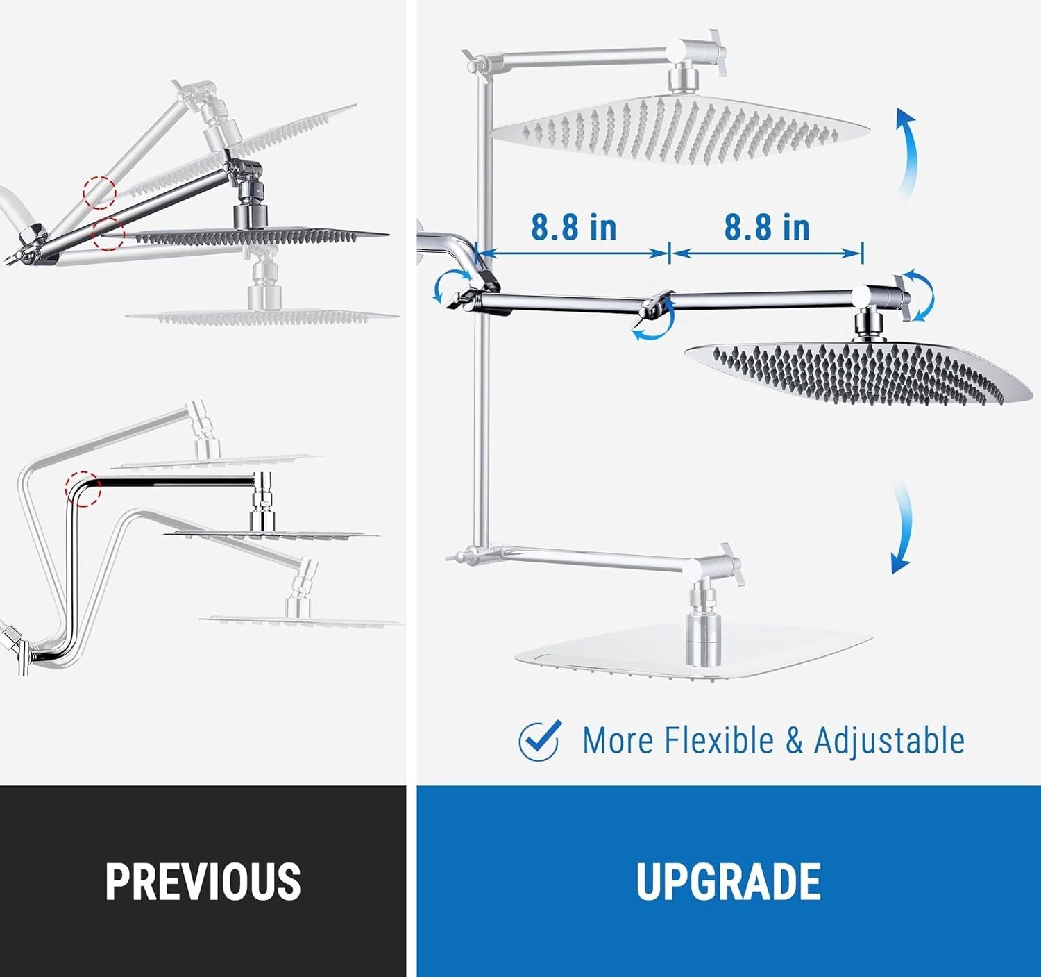 Easy Install 18 Inch Chrome Shower Head Extension - Solid Brass & Adjustable