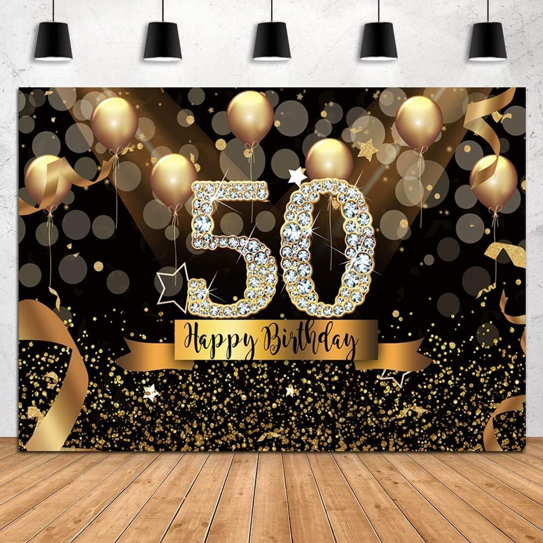 Elegant 10x8ft Glittering 50th Birthday Photography Backdrop with Gold Balloons