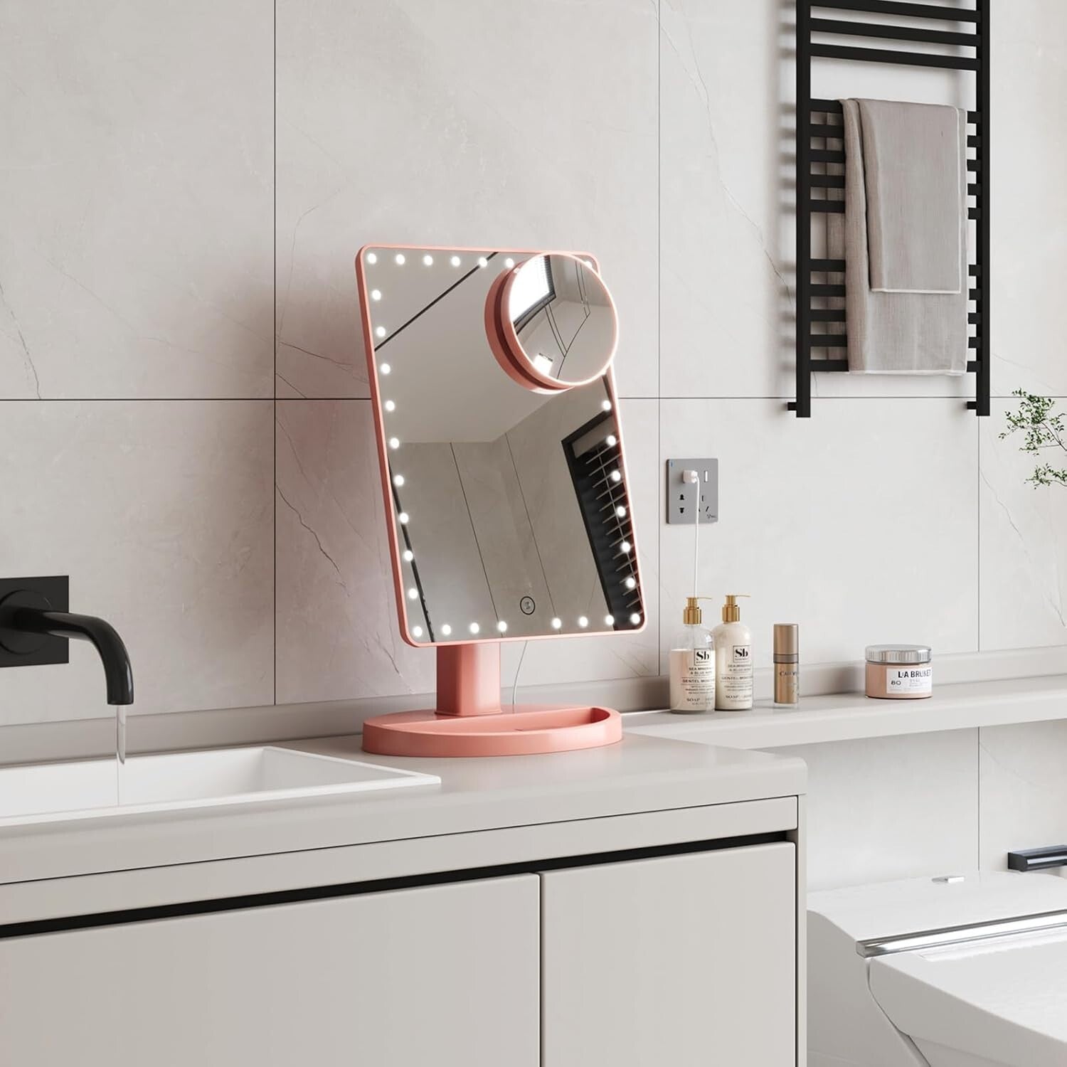 Large Lighted Makeup Mirror with 10X Magnification & 360° Rotation in Rose Gold