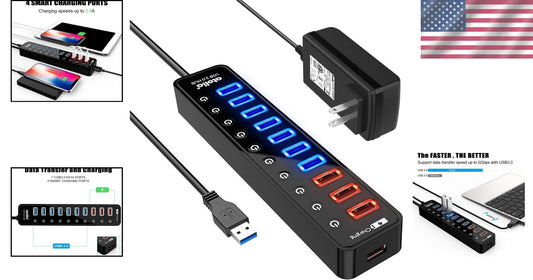 11-Port USB 3.0 Hub with 7 Data & 4 Smart Charging Ports - Control & Speed