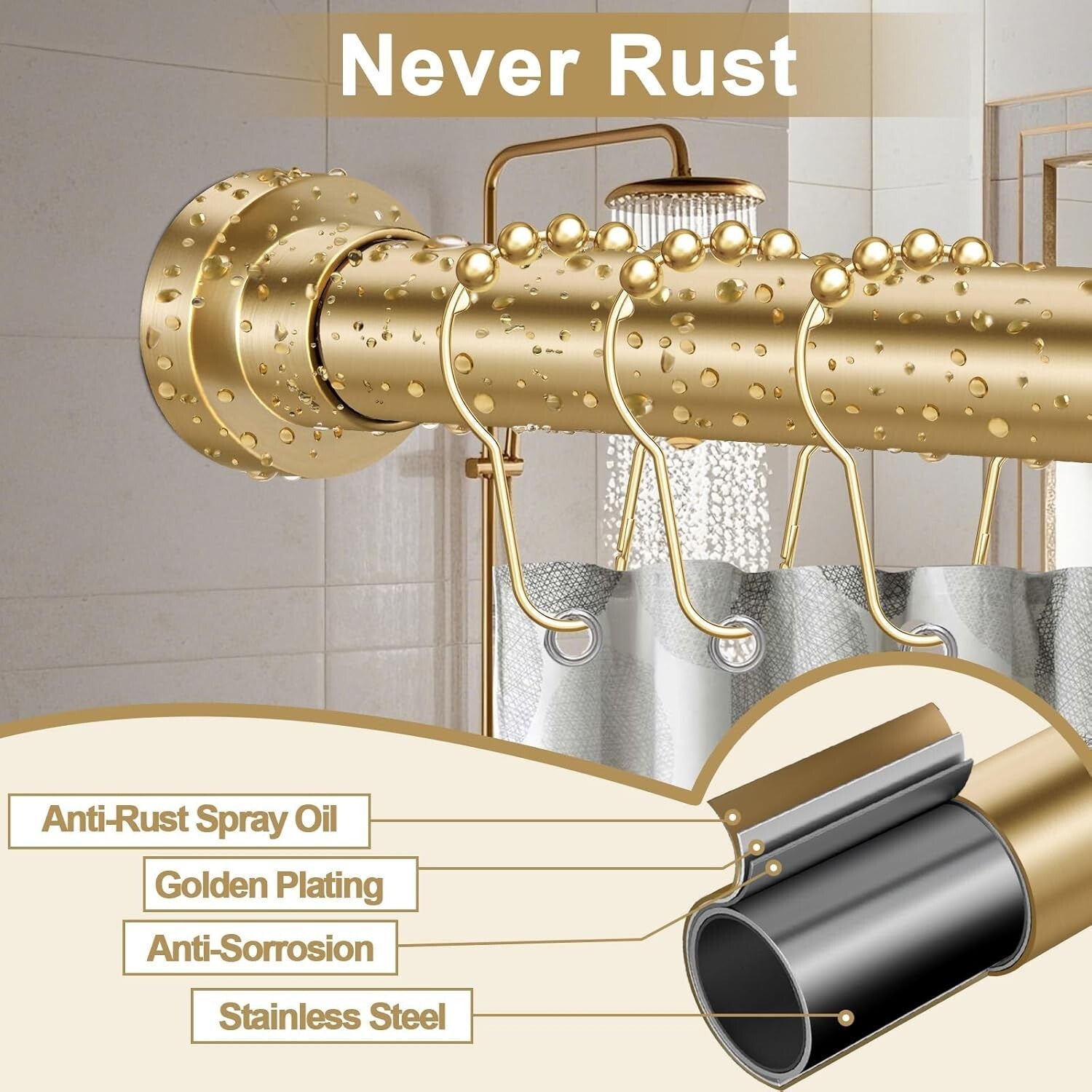 Versatile Gold Tension Shower Rod 34-96 Inches - Ideal for Bathrooms or Kitchens