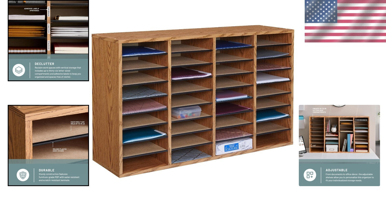 Multi-Functional 36 Compartment Literature Sorter - Easy Access Wooden Organizer