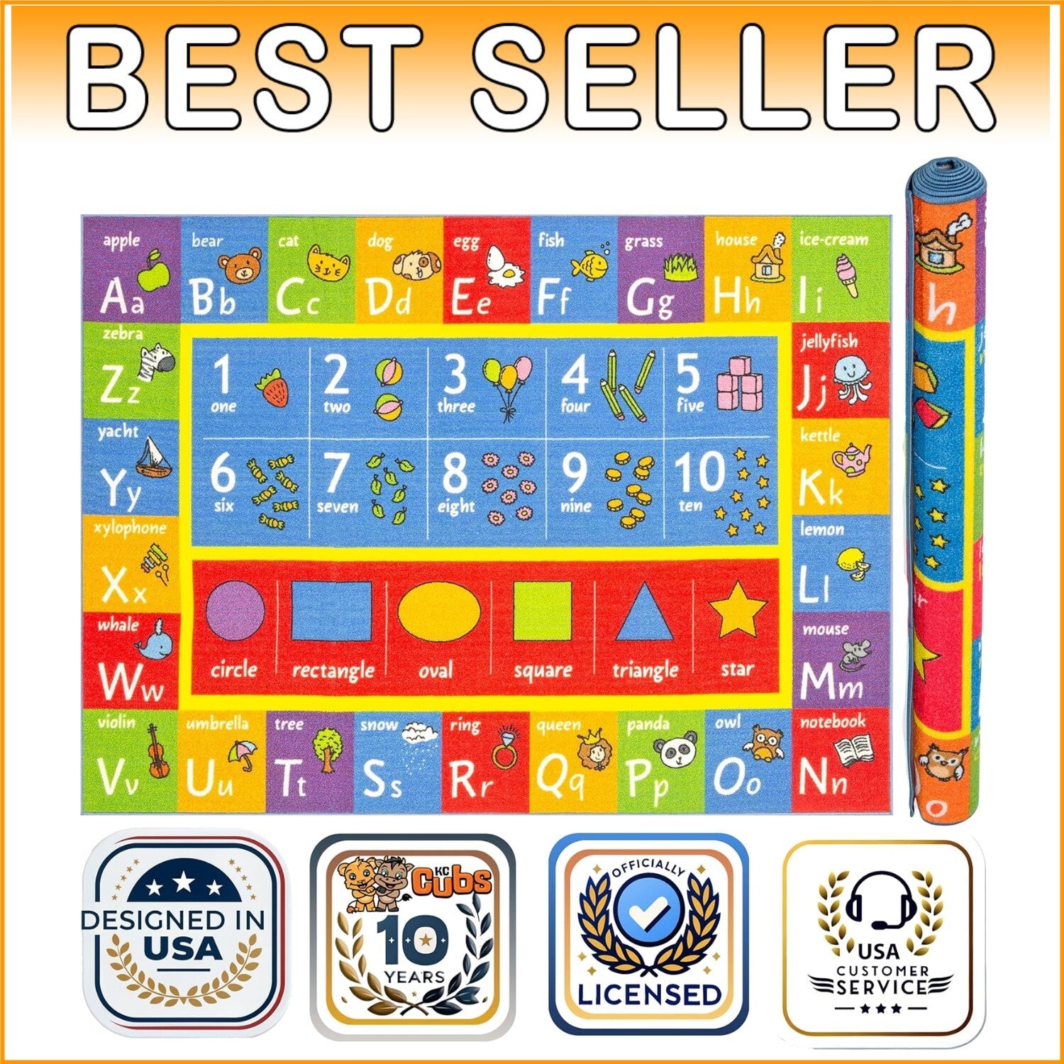 Vibrant Non-Slip Kids Educational Rug - ABC Numbers Shapes Carpet 7'10" x 9'10"