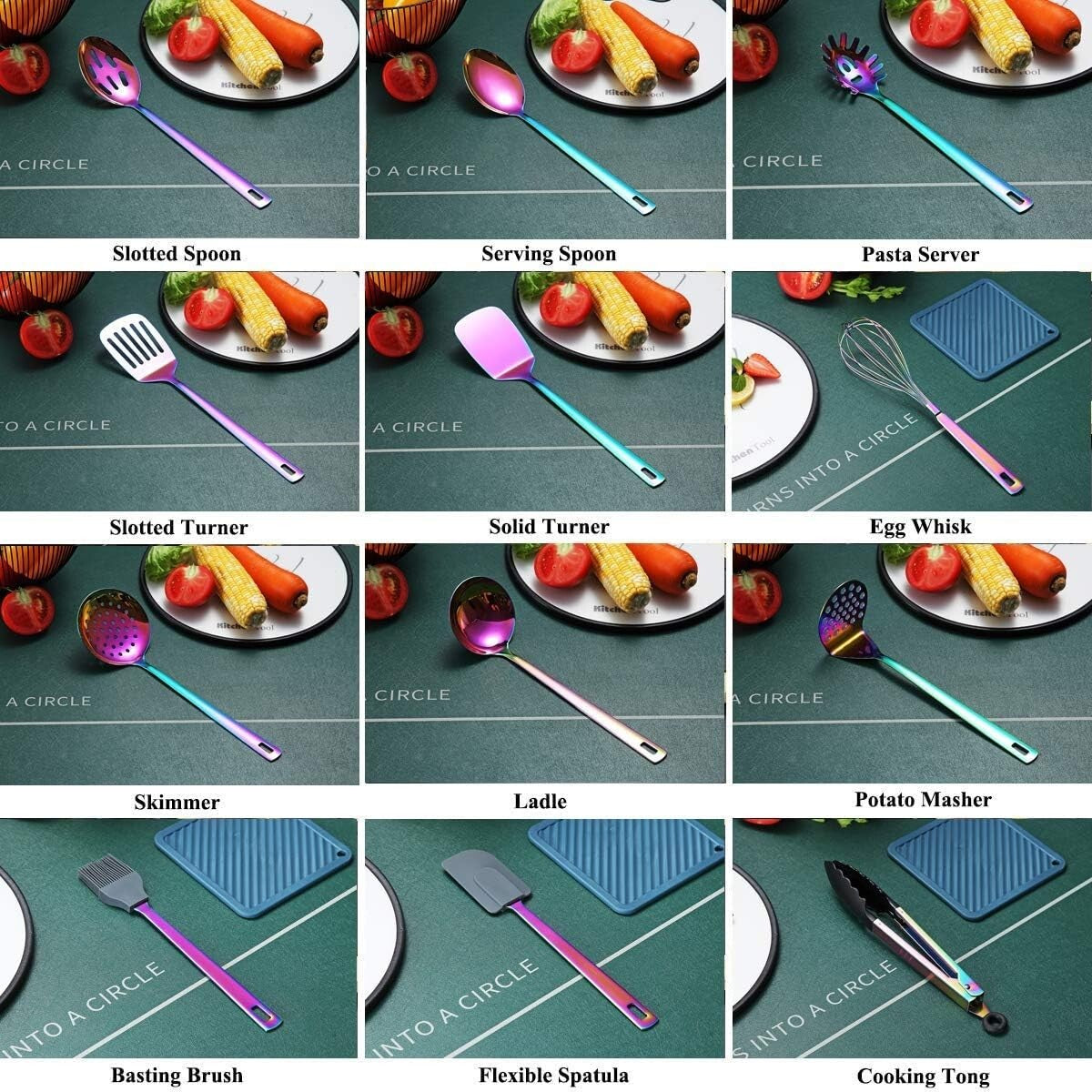 Durable Rainbow Kitchen Utensils Set - 13 Stainless Steel Pieces for All Cooking