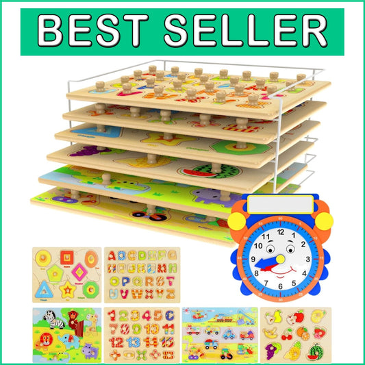 Fun Educational Wooden Puzzles for Toddlers - 7 Themes with Clock & Storage Rack