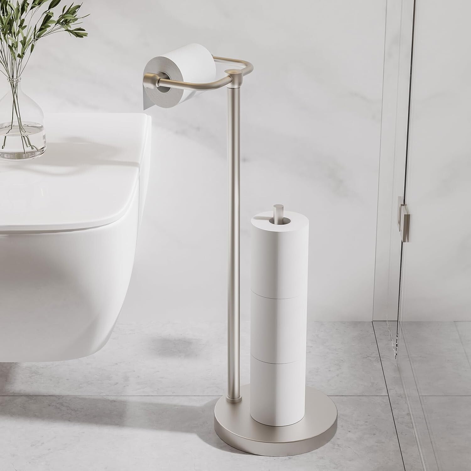 Brushed Nickel Free Standing Toilet Paper Holder with Storage for 4 Rolls
