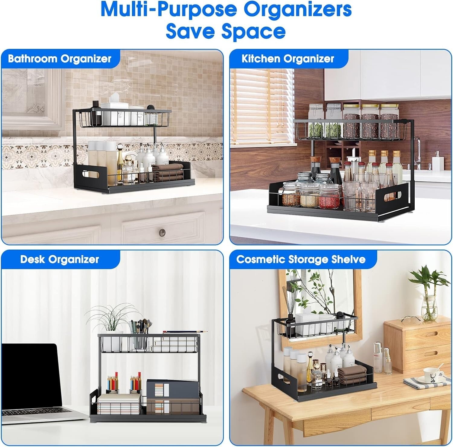 2-Pack Adjustable L-Shape Under Sink Organizer - Rust-Resistant & Multi-Purpose