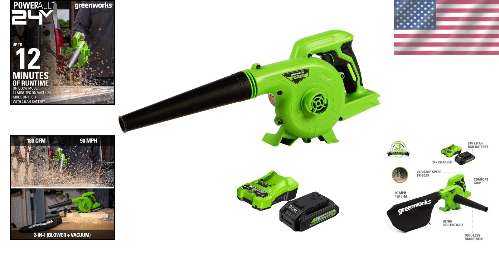 Efficient 24V Leaf Blower with Tool-less Transition & Comfort Grip Handle