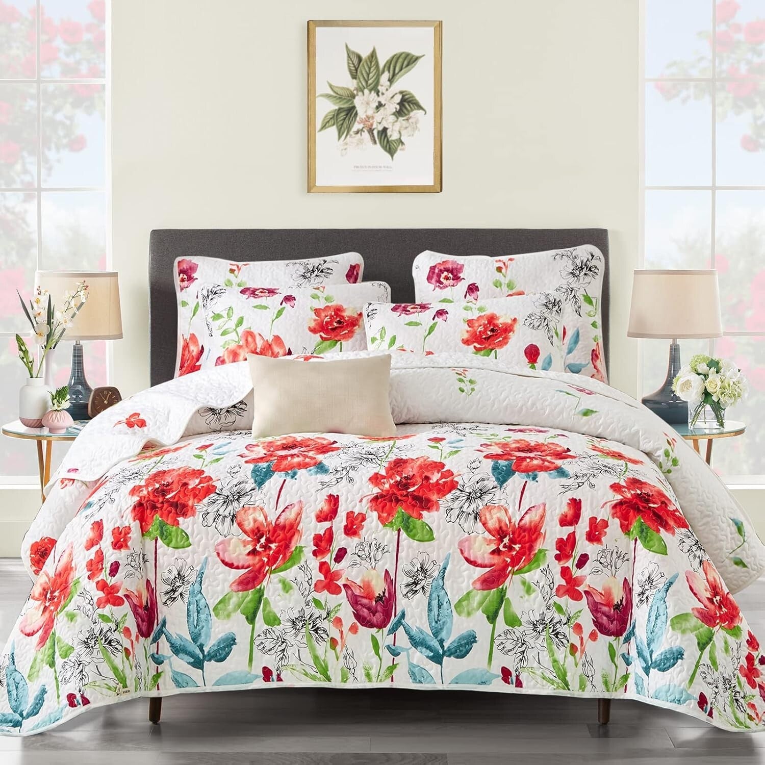 Reversible King Size Quilt Set with Floral Pattern - Summer Lightweight Comfort
