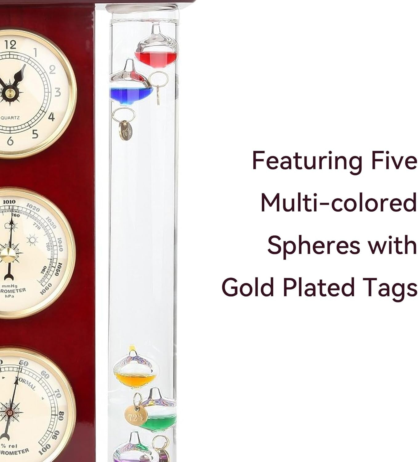 Classic Gold Weather Station with Galileo Thermometer & Multi-Colored Spheres