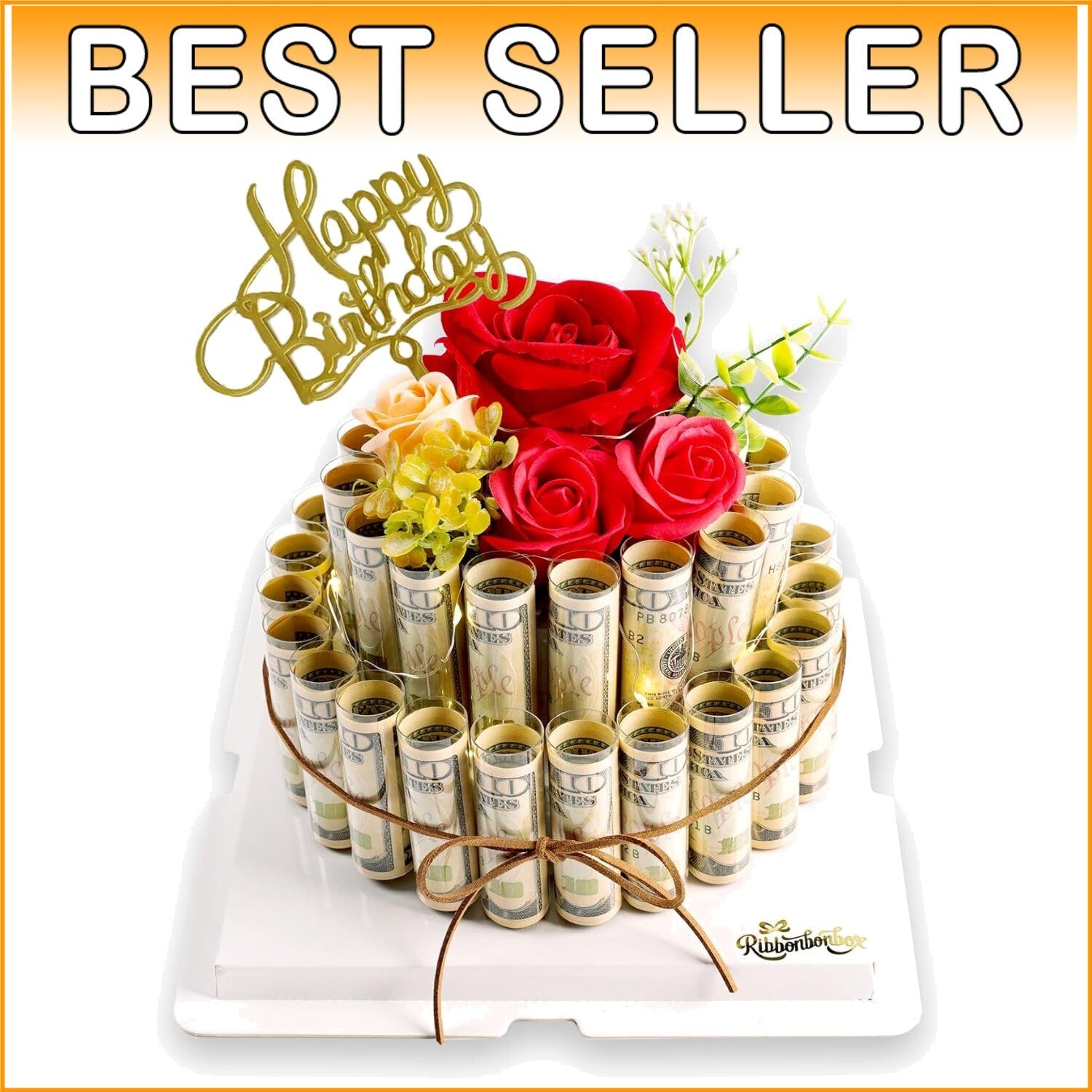 Elegant Money Cake with LED Roses - Charming Gift for Birthdays & Anniversaries