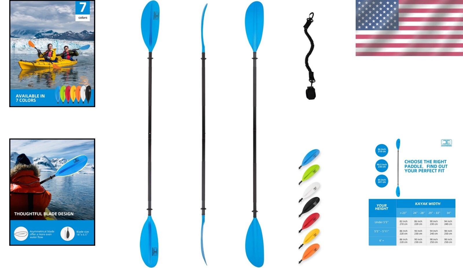 Durable Aluminum Alloy Kayak Paddle 95in with Bungee Leash & Adjustable Angles
