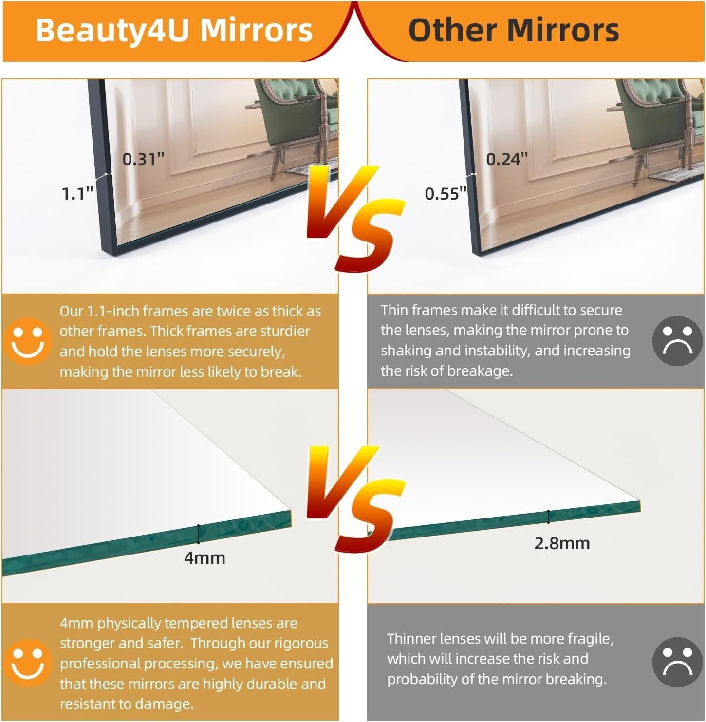 Elegant 71" x 32" Art Deco Full-Length Mirror - Tempered Glass & Aluminum Frame