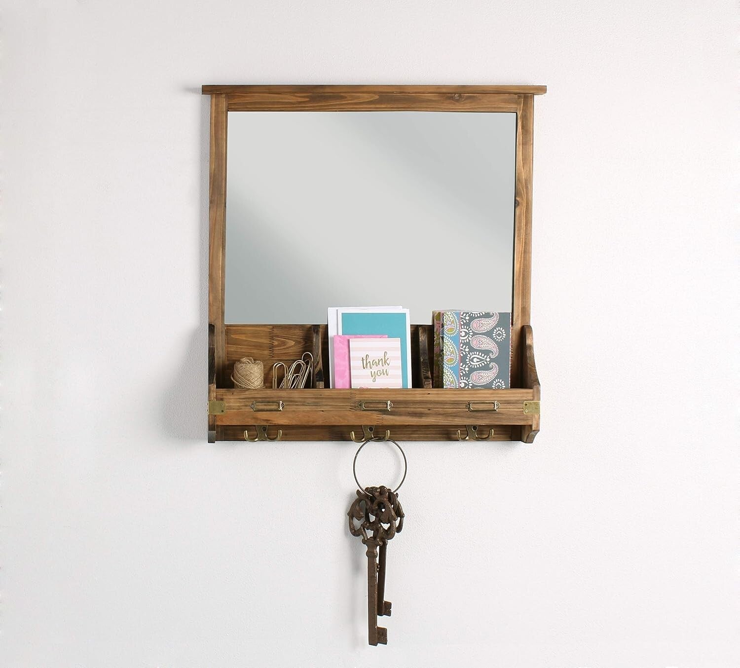 Multi-Functional Rustic Wall Organizer: Mirror, Hooks & Cubbies - 24" Square