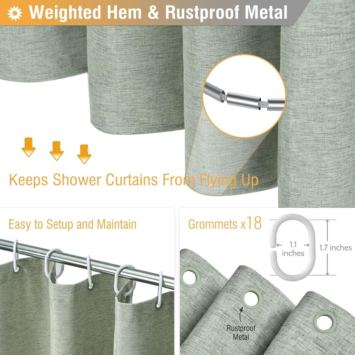 Elegant Sage Green 108x72 Linen Textured Shower Curtain Set - Includes Hooks