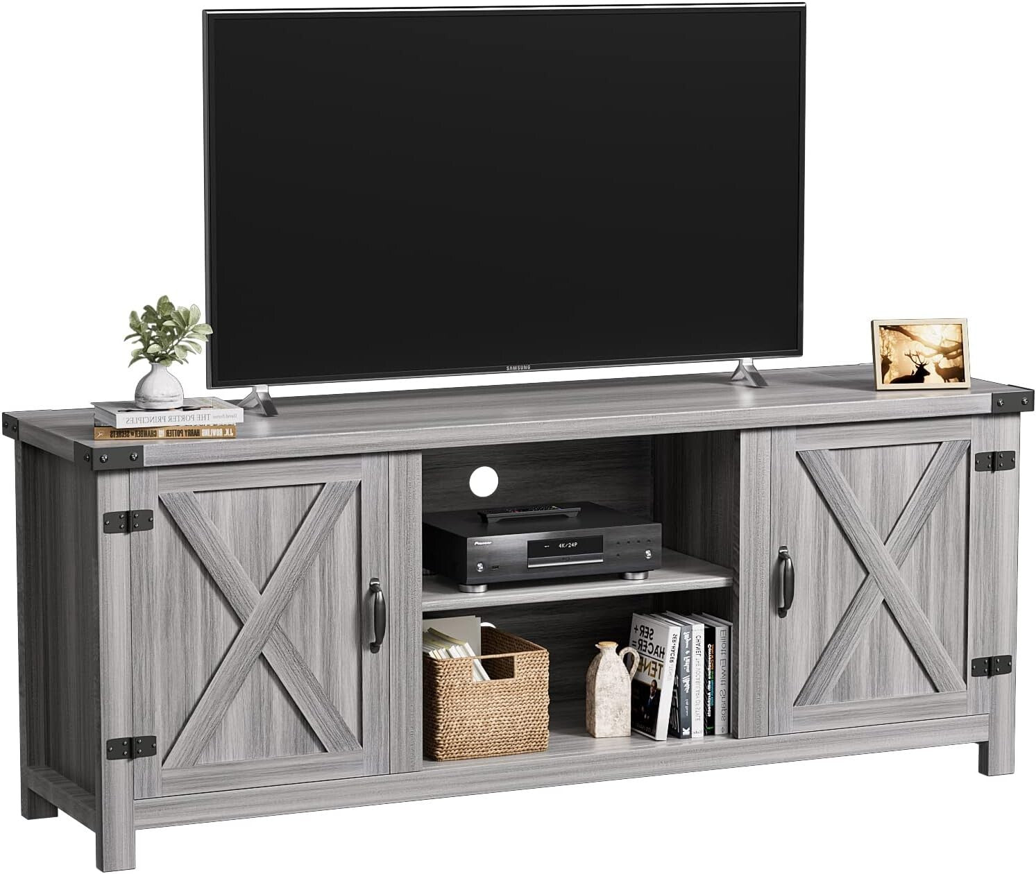 58-Inch Gray Wash Entertainment Center with Adjustable Shelves and Storage