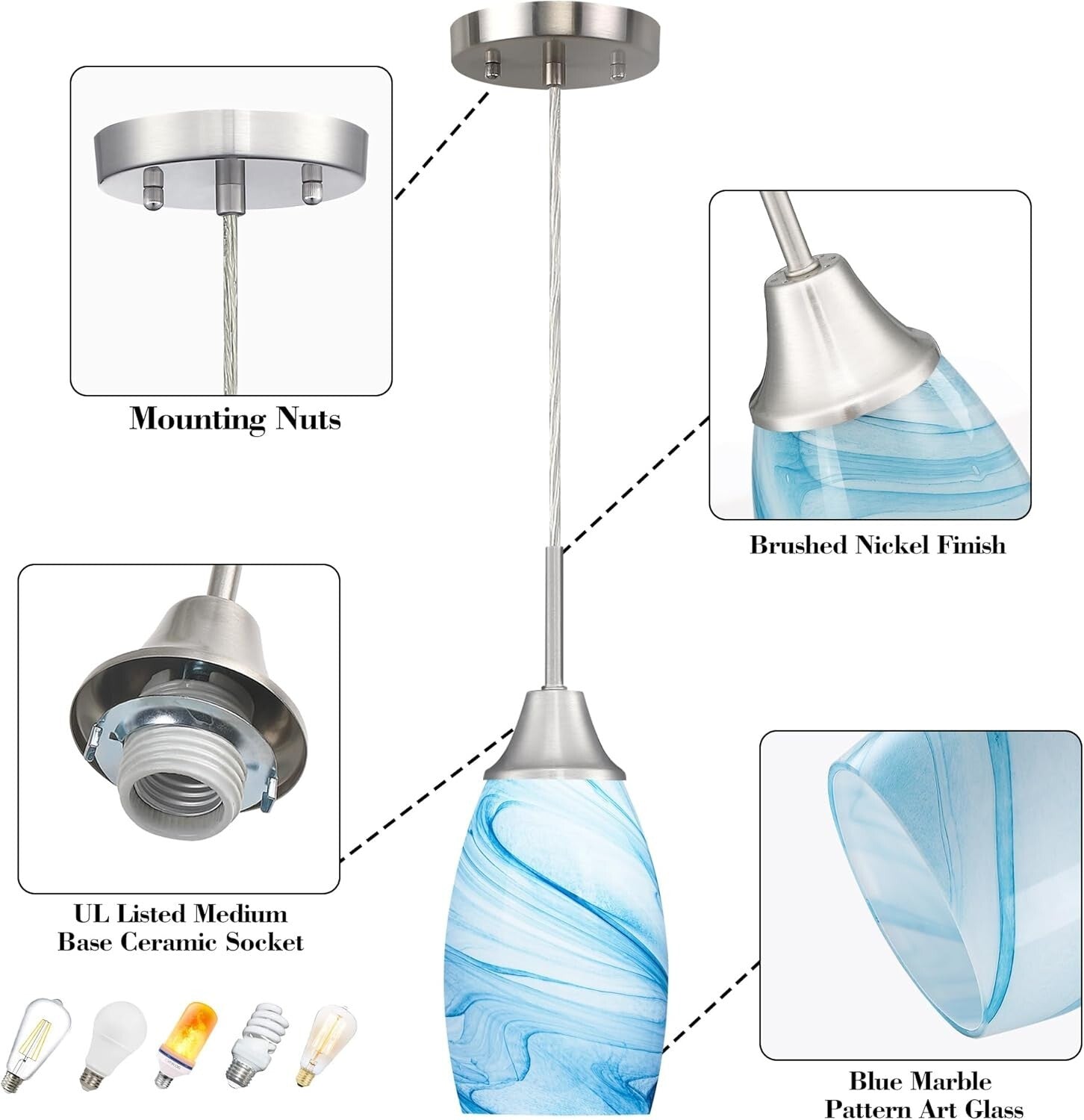 Elegant Handcrafted Blue Glass Hanging Light - 60W Adjustable Ceiling Fixture