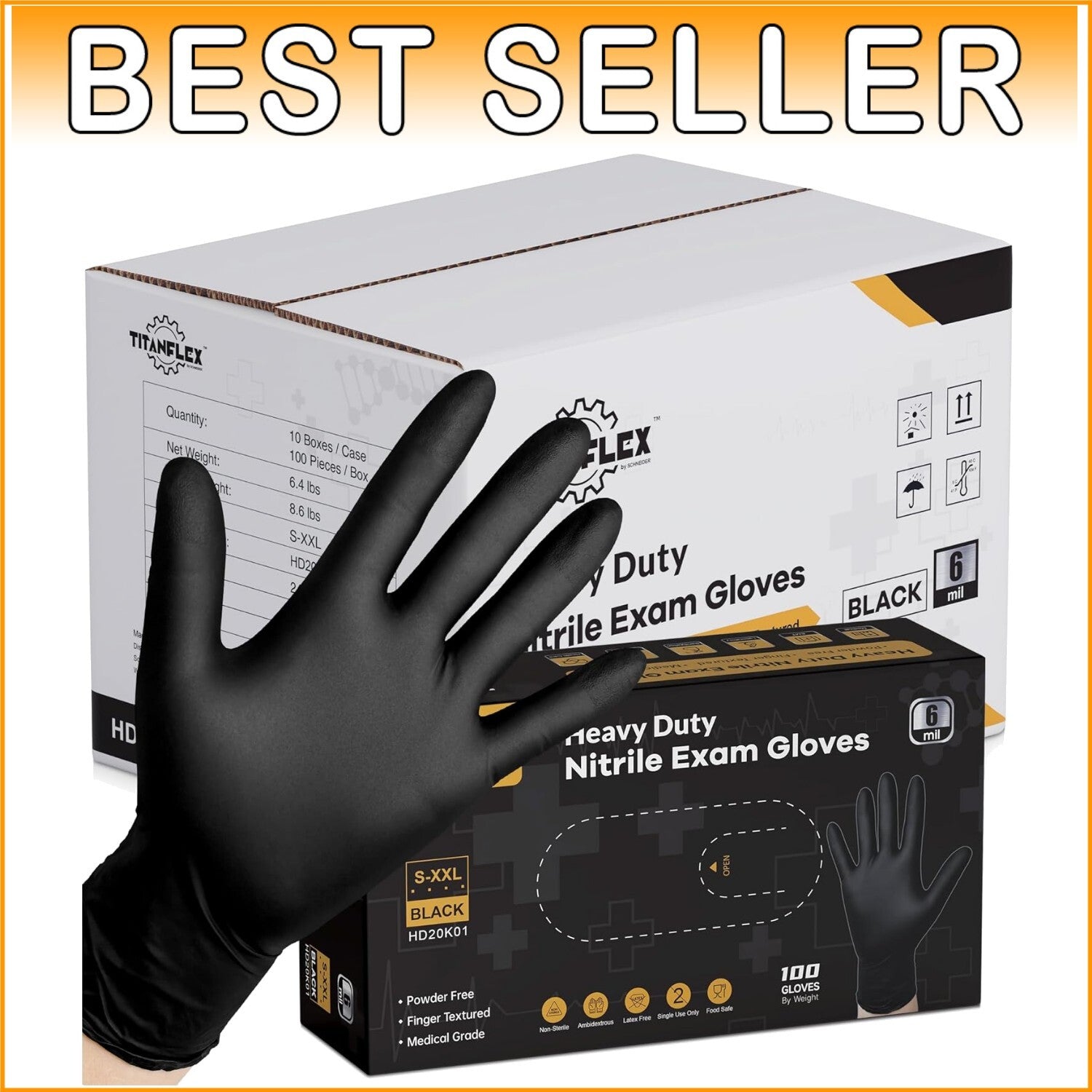 Disposable Black Nitrile Gloves, 6-Mil Strong & Puncture-Resistant Protection