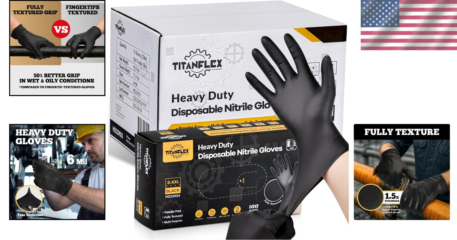 Heavy-Duty Black Disposable Nitrile Gloves, Box of 100, 6-mil for Professionals