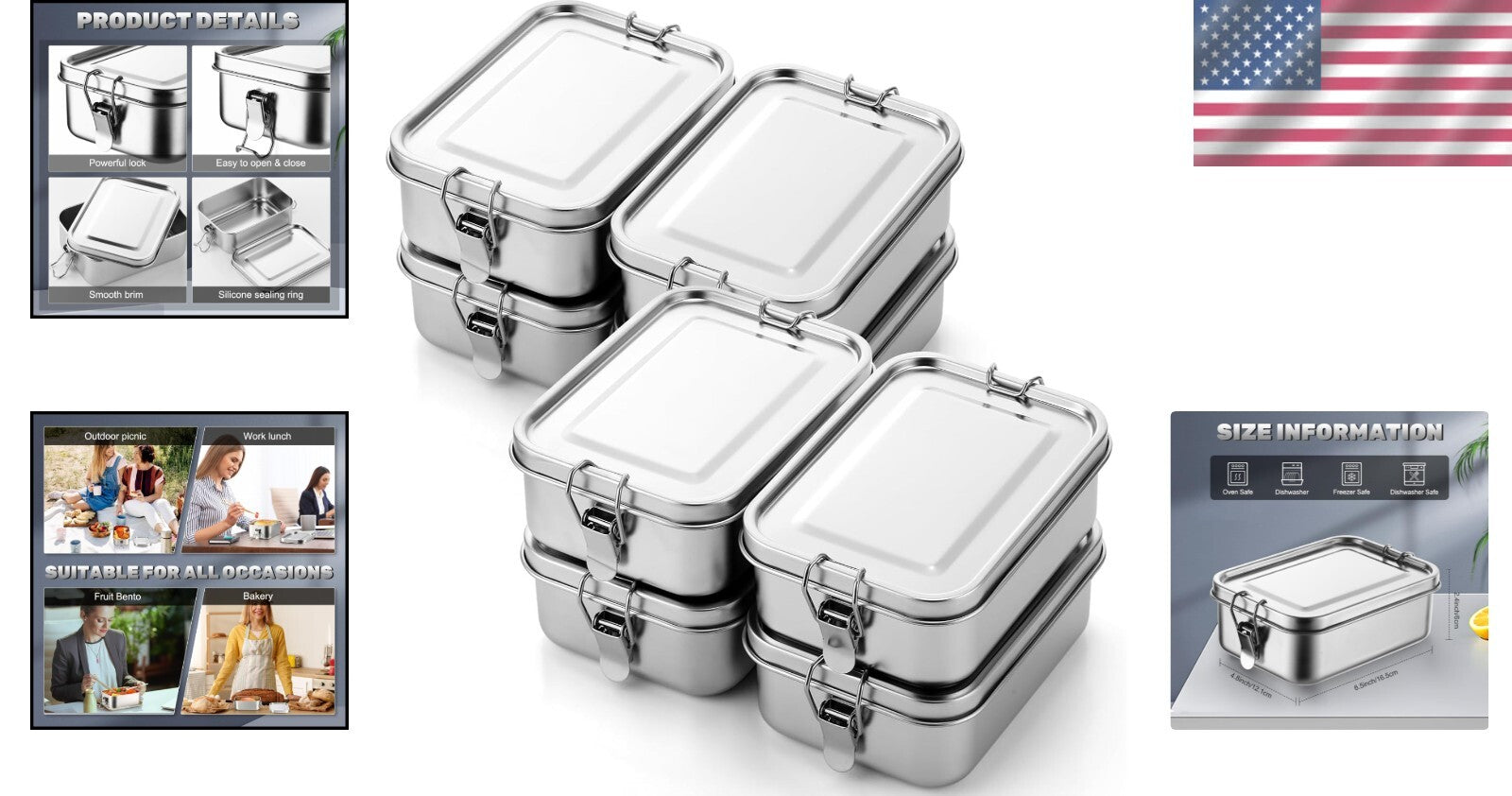 Durable 850ml Stainless Steel Lunch Box Set with Lockable Clips - 8 Containers