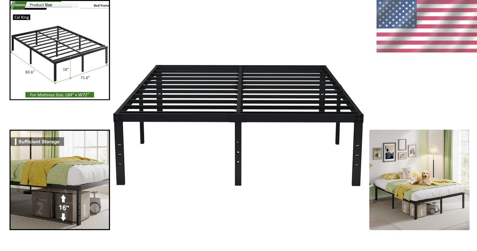 Elegant Black 18-Inch Cal King Bed Frame - Easy Assemble & DIY Headboard Options