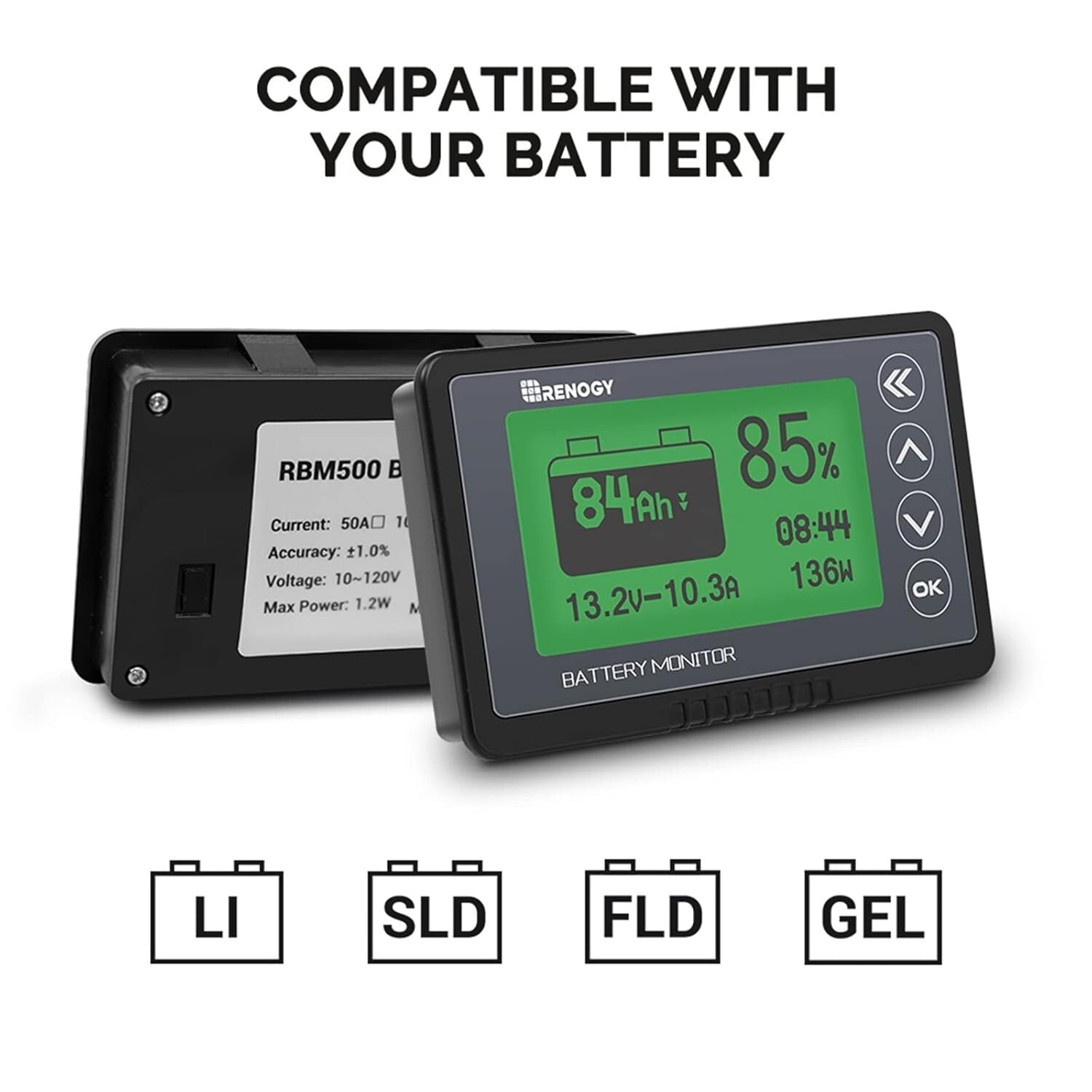 Compact Battery Monitor with Shunt, 20ft Cable - Ideal for Lithium & Lead Acid