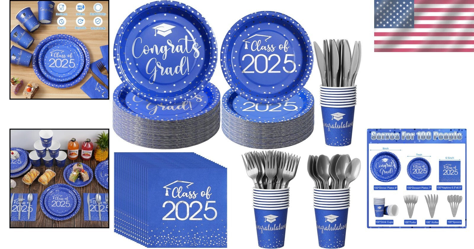 Elegant Blue & Silver Graduation Plate and Napkin Set for Class of 2025 Parties