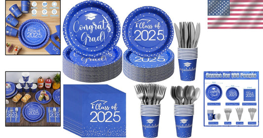 Elegant Blue & Silver Graduation Plate and Napkin Set for Class of 2025 Parties