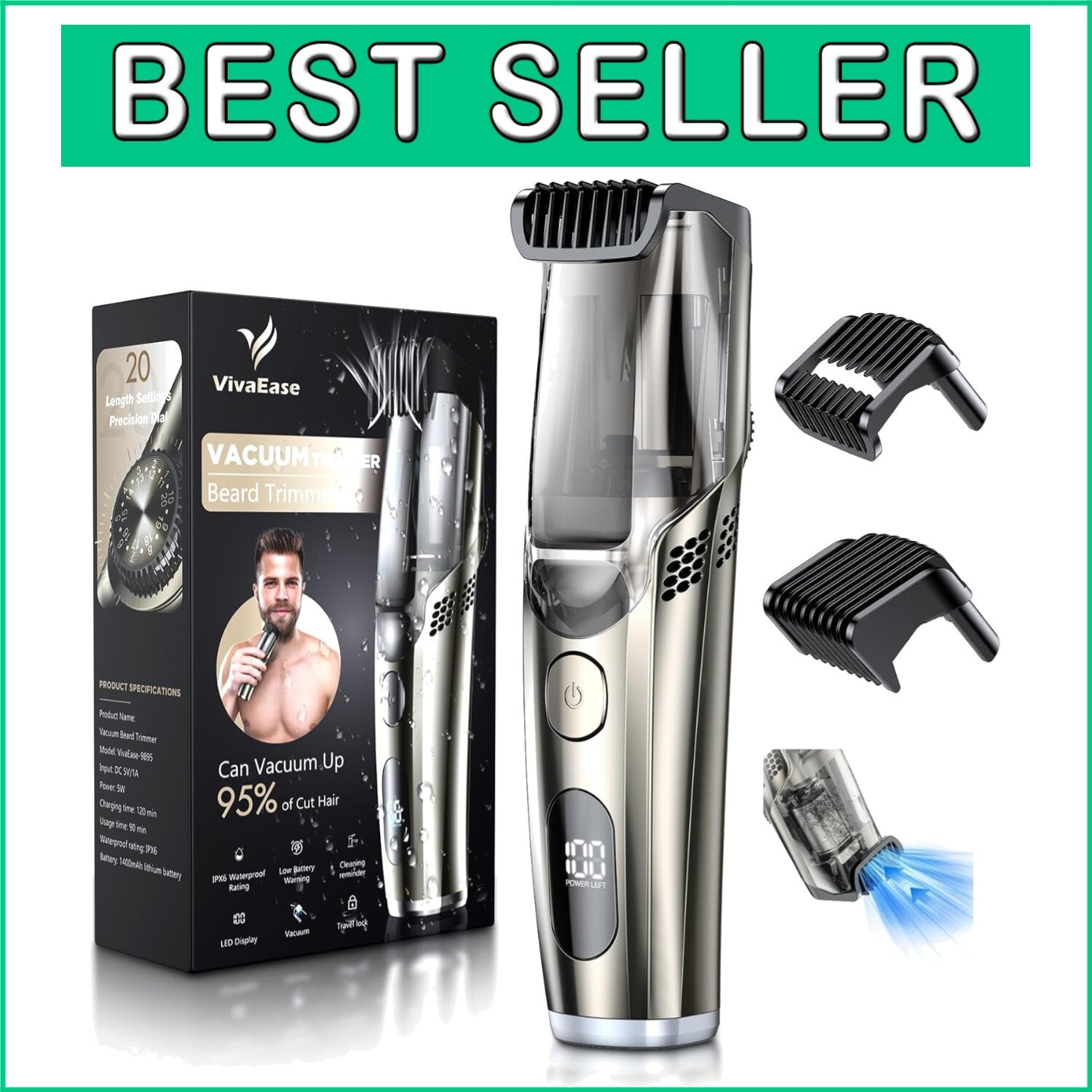 Electric Cordless Beard Trimmer with Vacuum & 2 Comb Attachments - Travel Ready