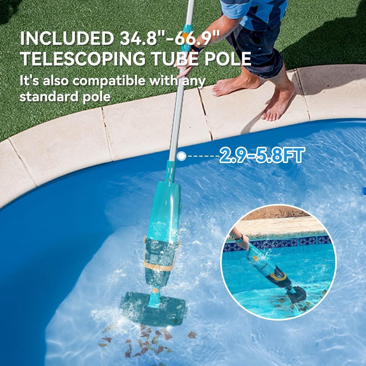 Cordless Handheld Pool Vacuum with Telescopic Pole - 60 Mins Runtime, Lake Blue