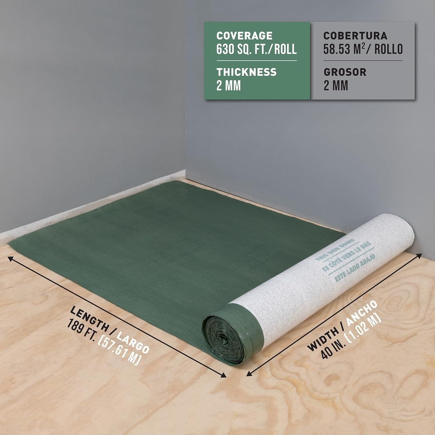 Underlayment Roll: 630 sq. ft. - Professional Grade with Adhesive & Overlap Film