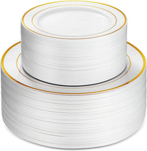 Load image into Gallery viewer, Sophisticated White Gold Trim Plastic Plates - Perfect for Weddings &amp; Parties
