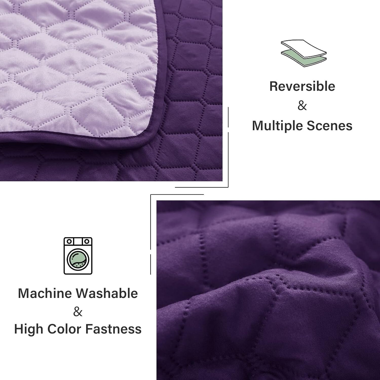 Reversible King Size Quilt Set - Lightweight & Stylish Deep Purple/Lilac