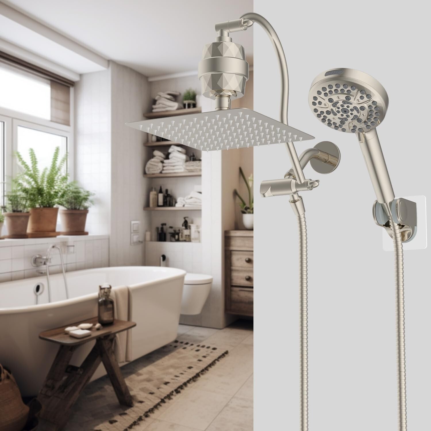 Filtered 10'' Brushed Nickel Rainfall Shower Head Combo with 12'' Extension Arm