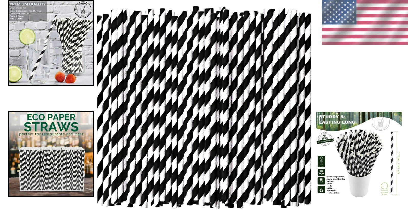 Eco-Friendly 1000 Count Paper Straws - 7.75'' Biodegradable with Striped Design