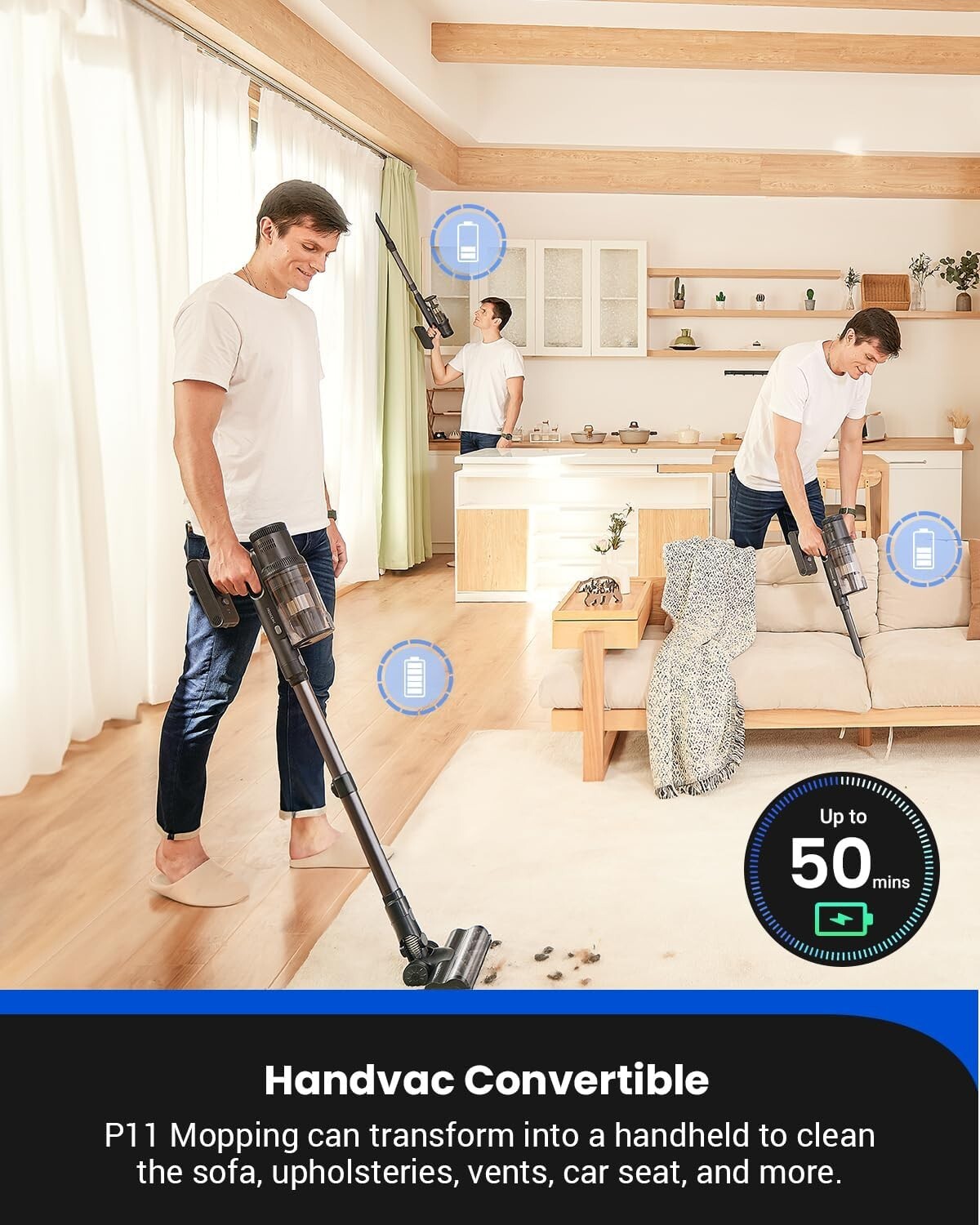 45kPa Cordless Lightweight Stick Vacuum & Mop with LED Display - 50 Min Runtime