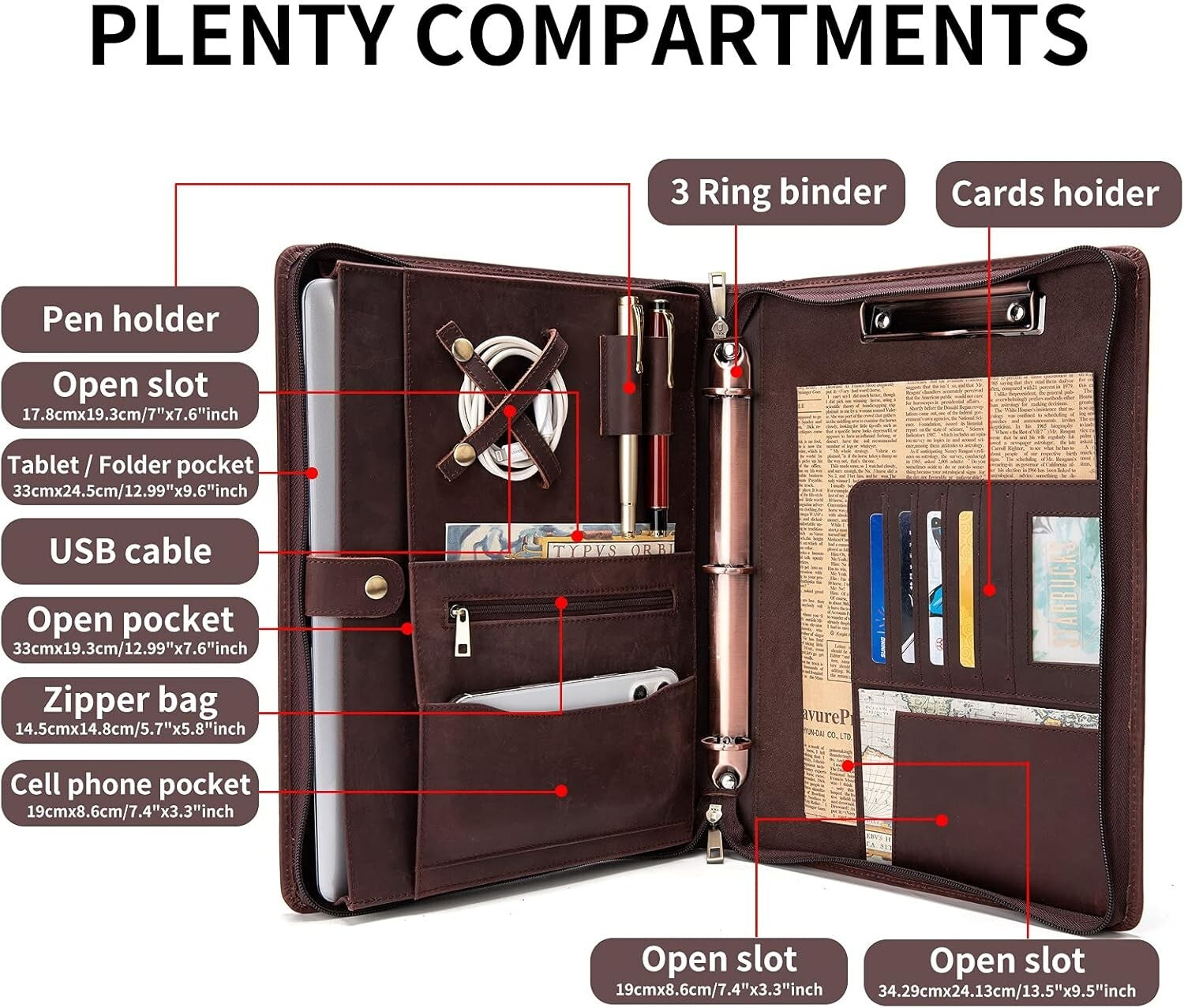 Elegant 3-Ring Leather Padfolio with Tablet Holder - Perfect for Business Trips