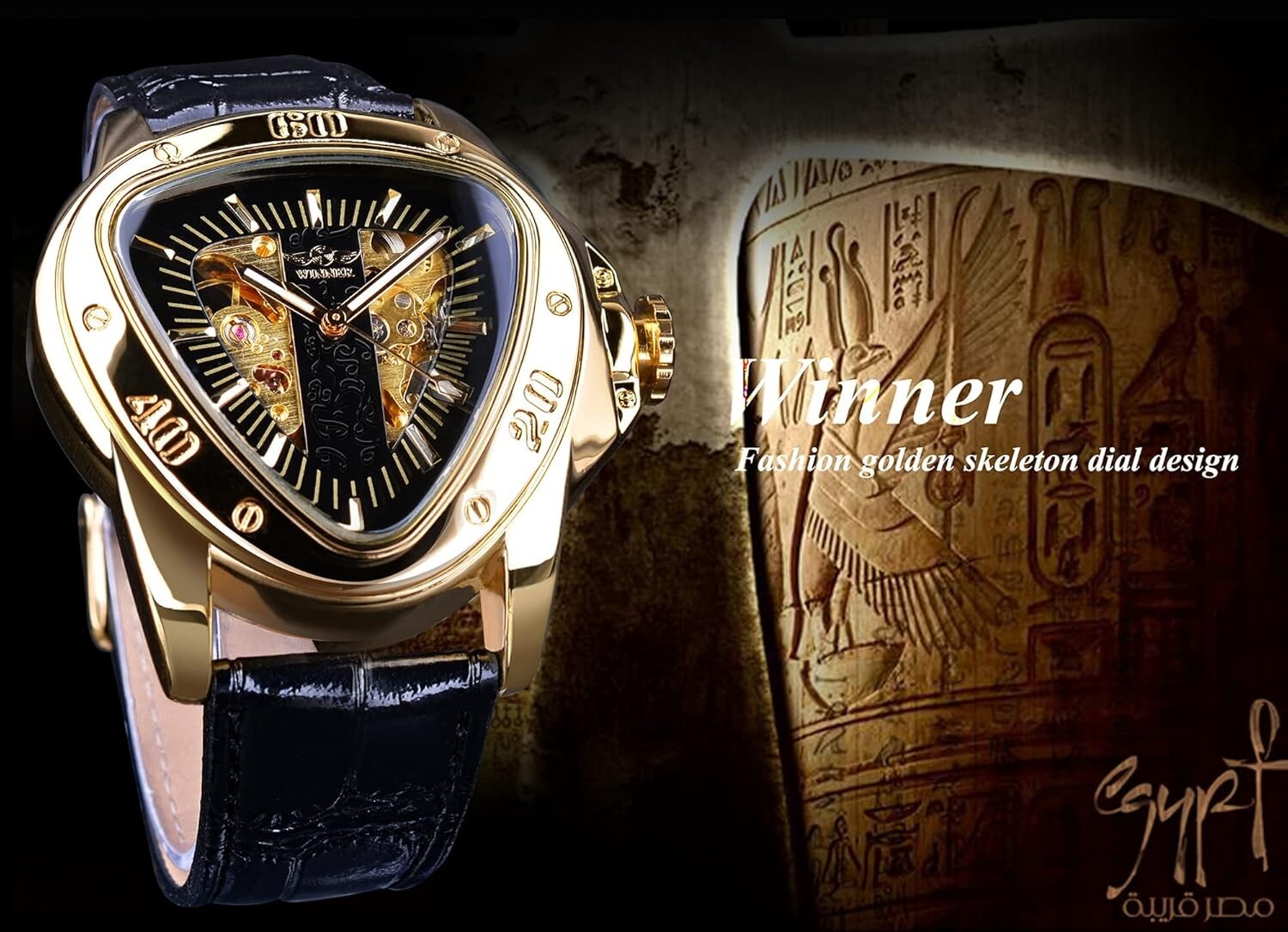 Elegant Mechanical Men's Watch with Pyramid Dial and Leather Strap Design