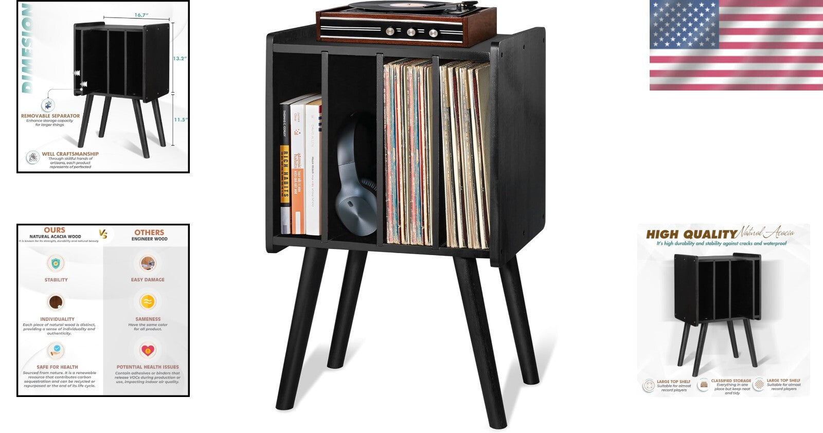 Elegant 2-Tier Wooden Record Player Stand with Anti-Slip Protection - 4 Cabinets